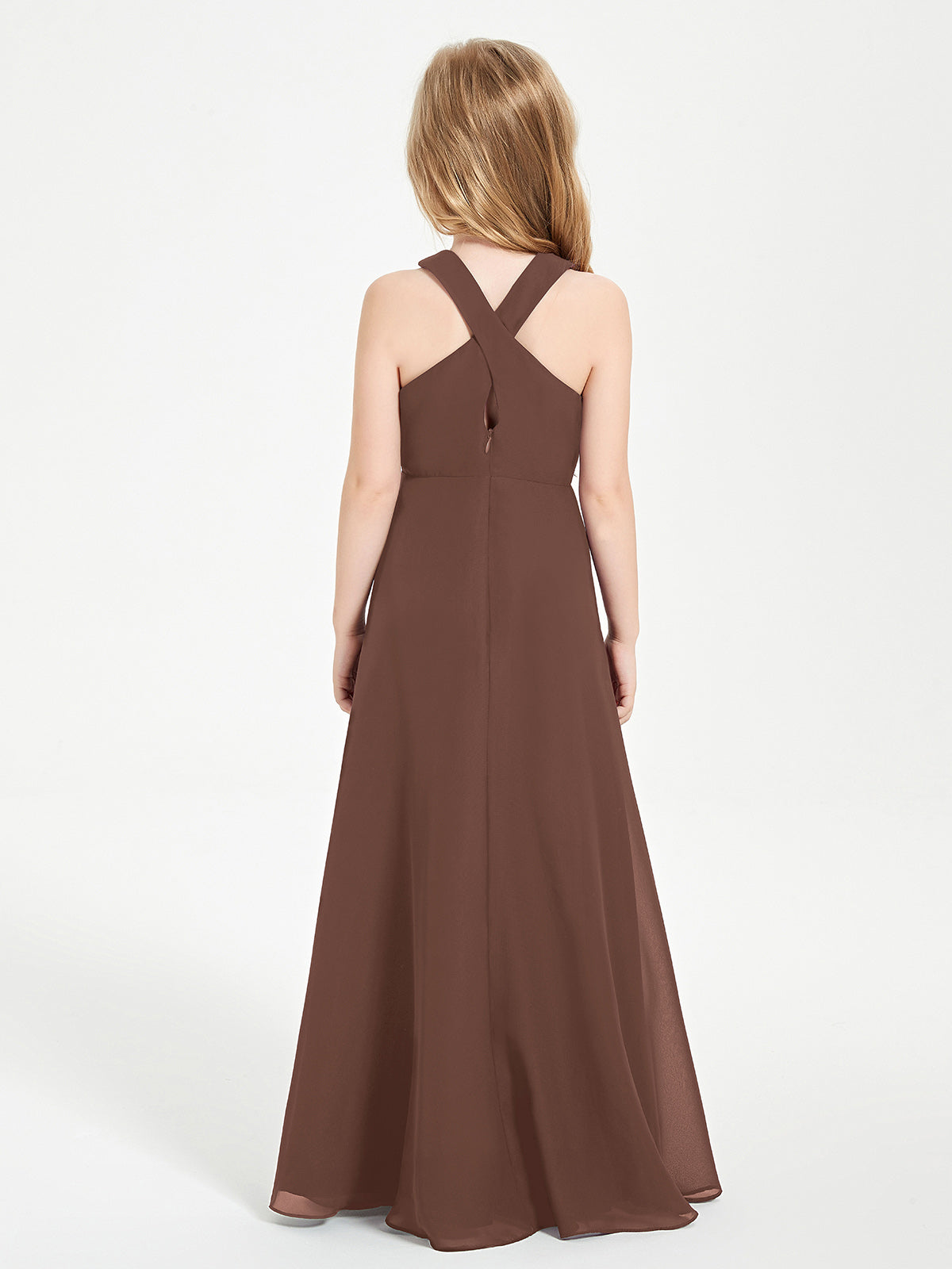 Grecian Neckline Long Dresses for Junior Bridesmaids Chocolate